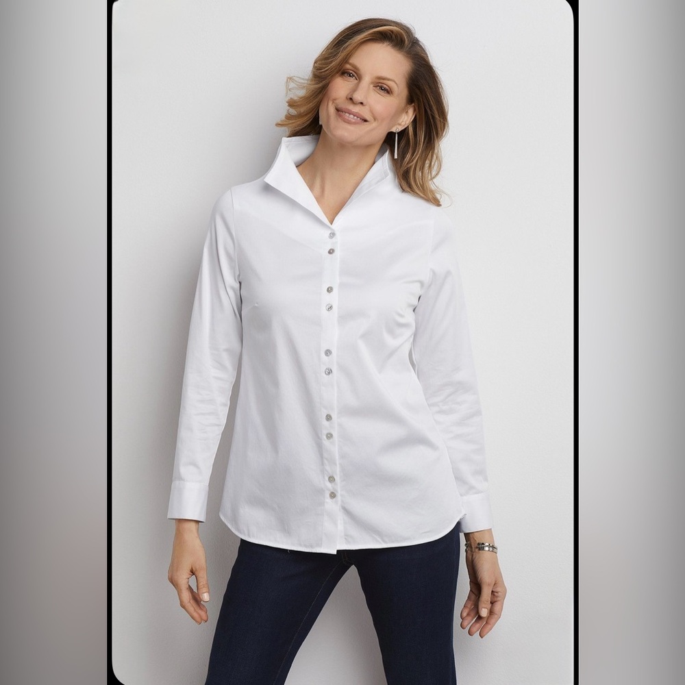 NWT Soft Surroundings Women's Petite Andana Button Down White Long Sleeve Size M